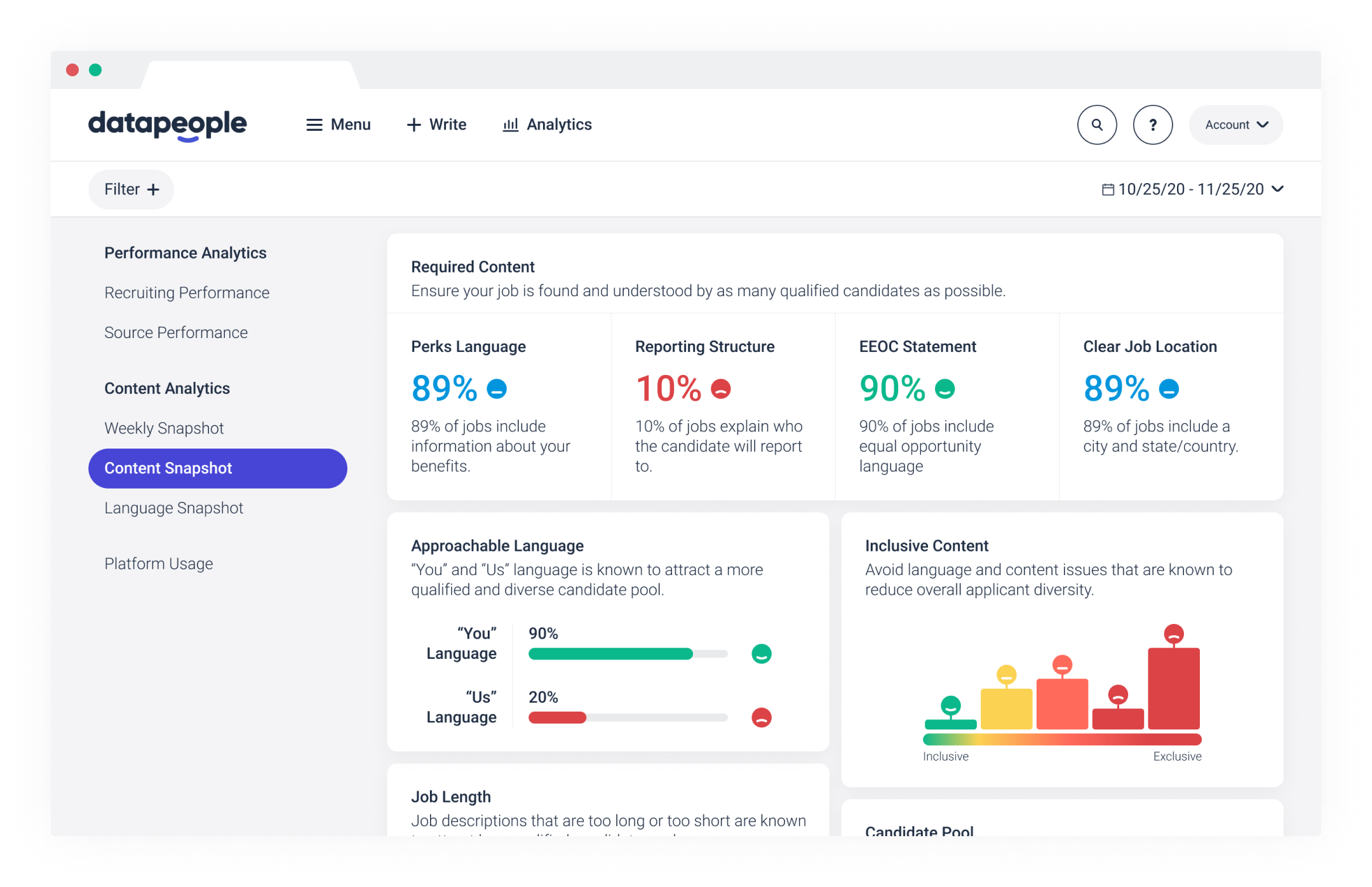 Screenshot of Datapeople's Job Content Analysis. Shows issues known to lower the quality and diversity of candidate pools.