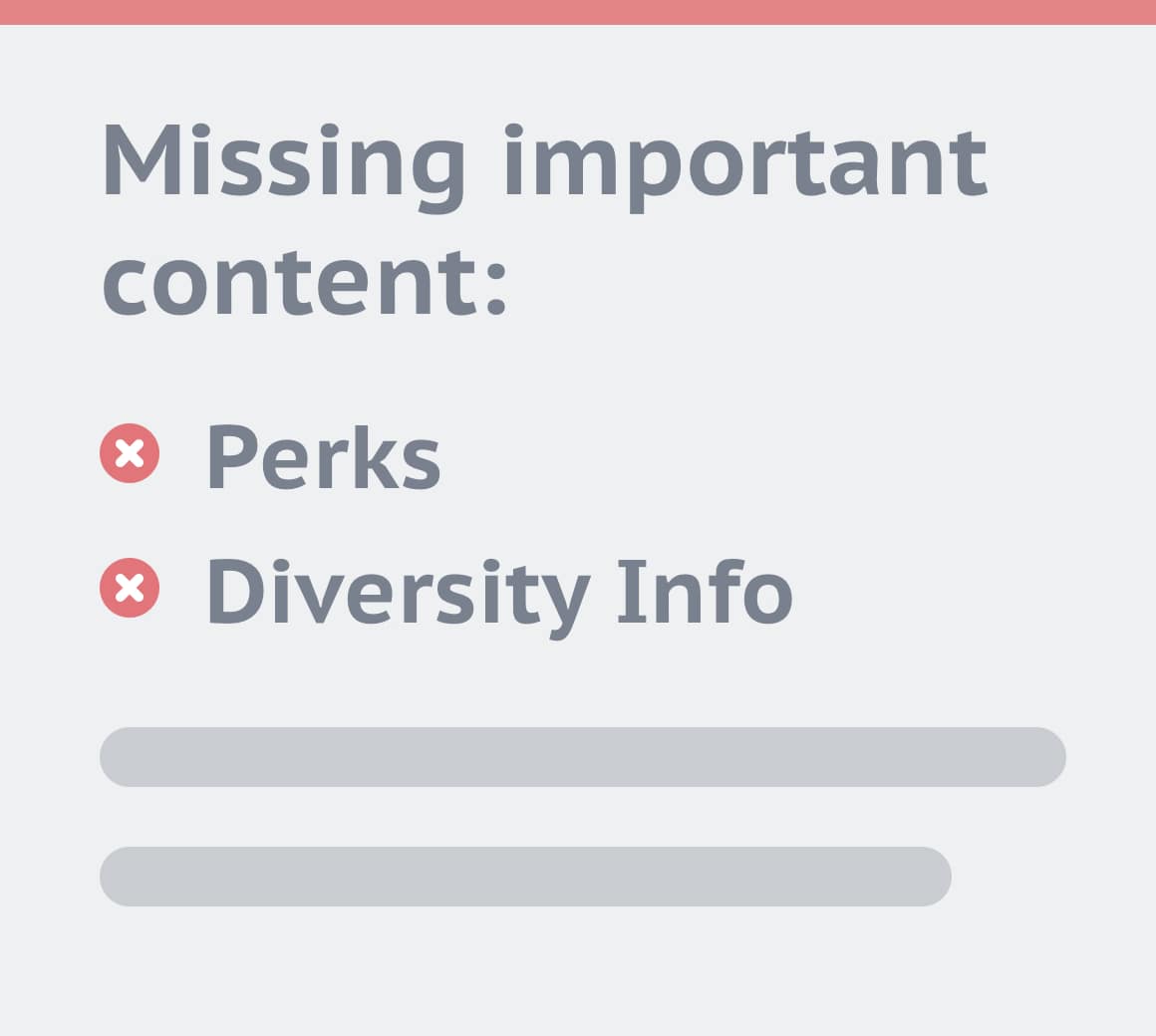 Digital rendering of language analytics software guidance: "Missing important content: perks and diversity."