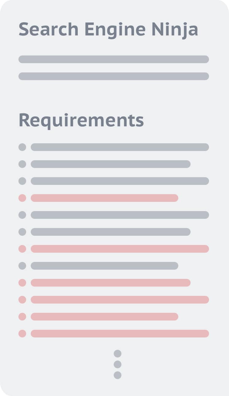 Digital rendering of a Search Engine Ninja job description with a confusing requirements list.