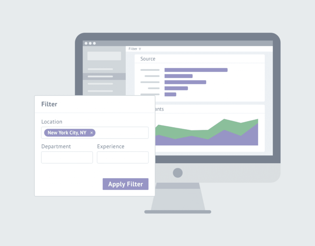 Digital drawing of a recruiting analytics report with a filter window open.