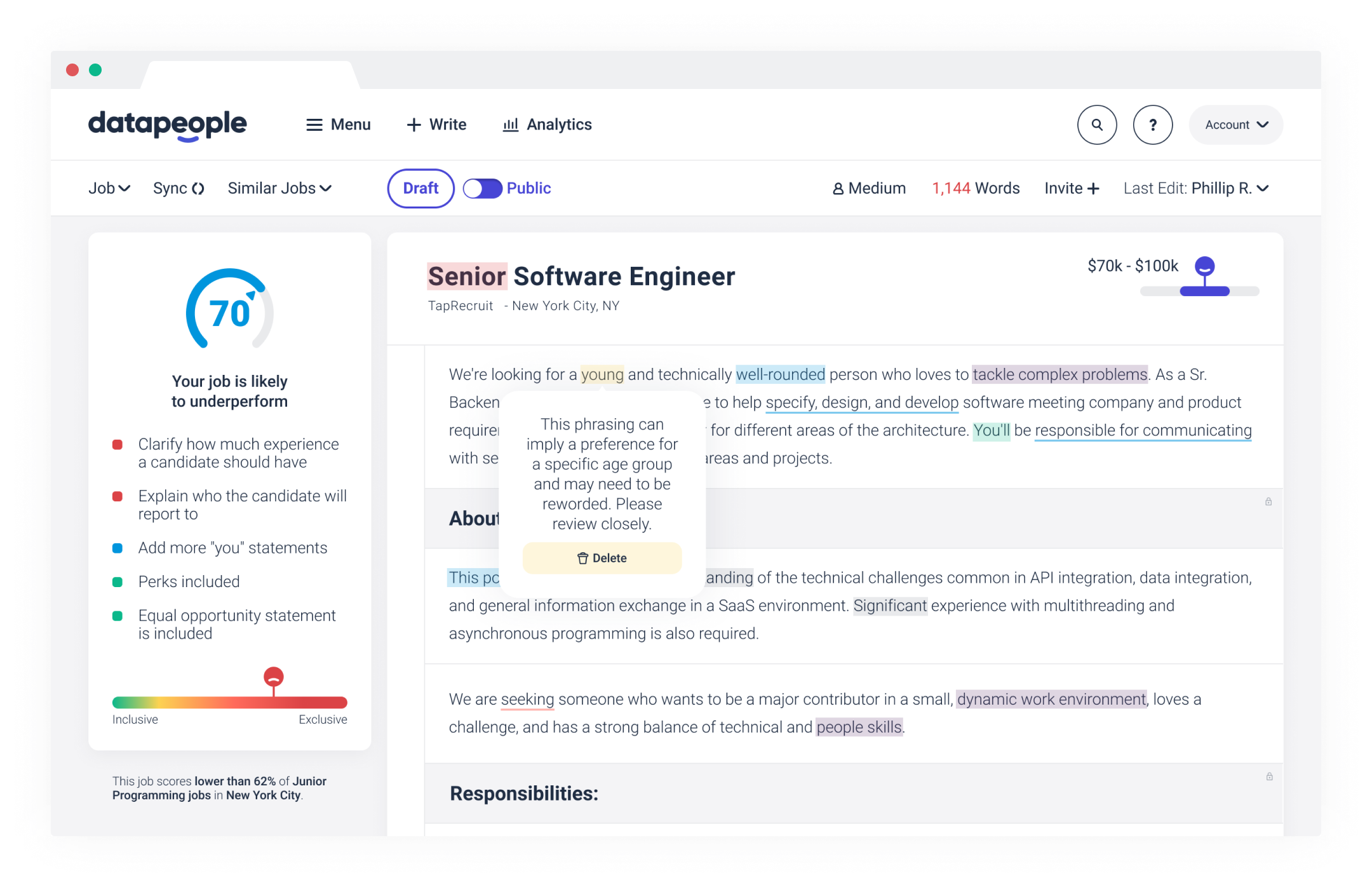 Screenshot of a job description draft in Datapeople's recruitment software, which enables hiring teams to collaborate more easily.