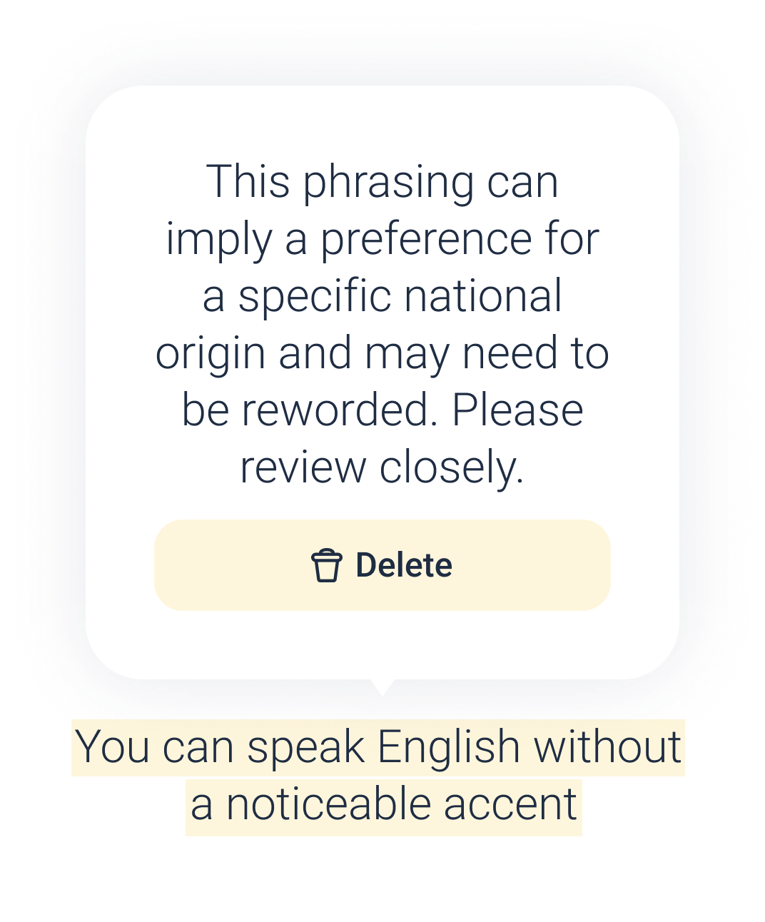 "This phrasing can imply a preference for a specific national origin and may need to be reworded. Please review closely."