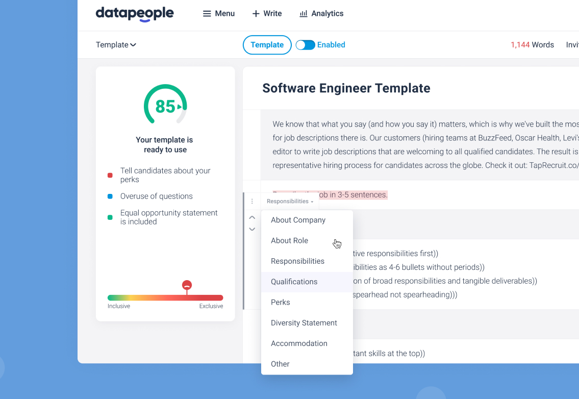 Screenshot of Datapeople's job post templates.