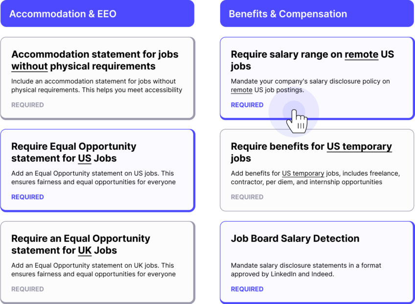 This image shows selections you can make in Datapeople's Policy and Style Guides to instrument your ideal Employer Brand and Compliance Standards