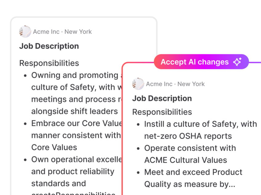 This image showcases the side-by-side capabilities of Datapeople's First Draft AI, we prioritize having a human-in-the-loop model that encourages thoughtful embrace while keeping detailed audit logs