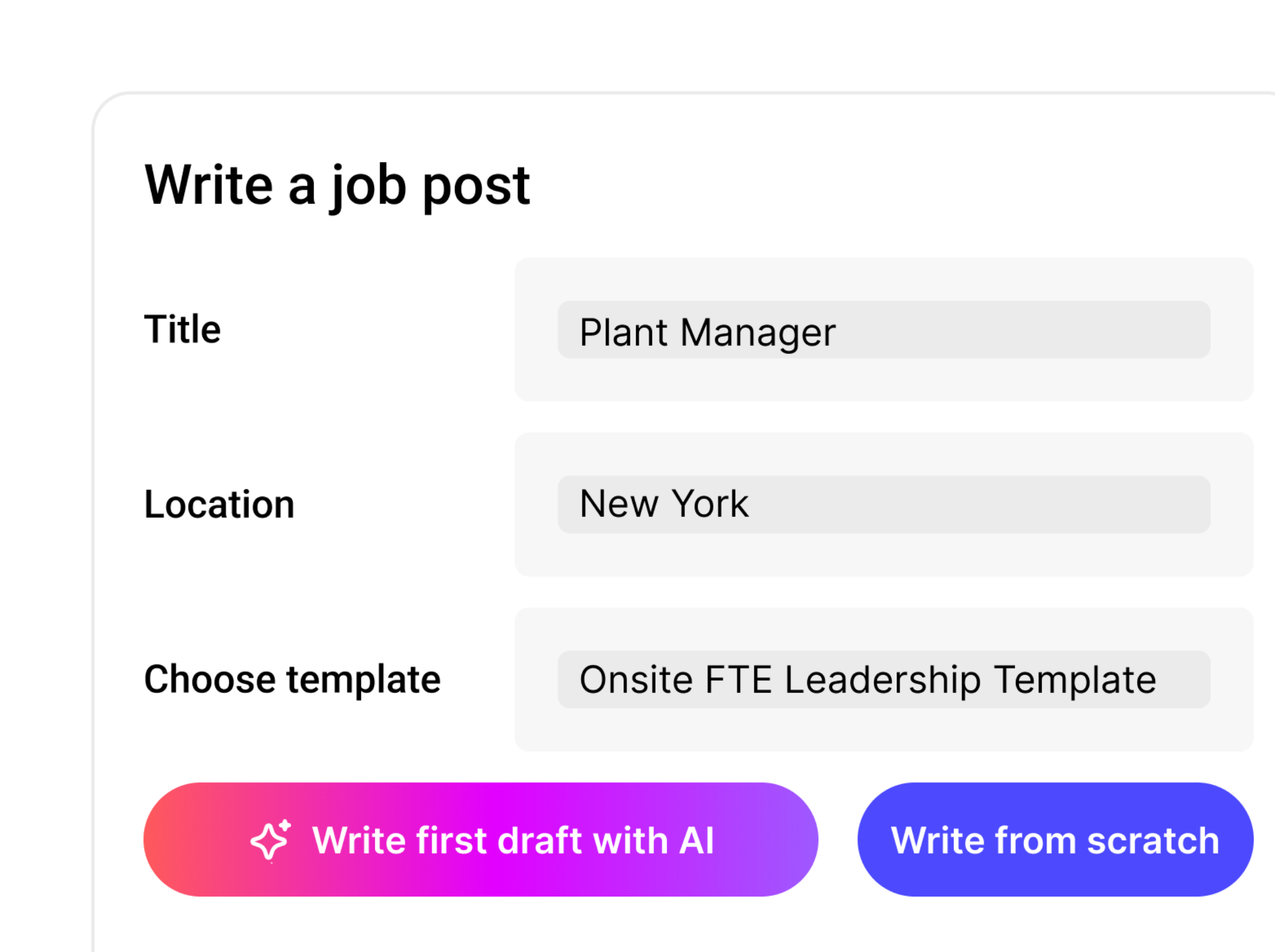 This image shows the embedded nature of our talent-trained AI, offering job writers the option to write first with AI or start from an existing job or template